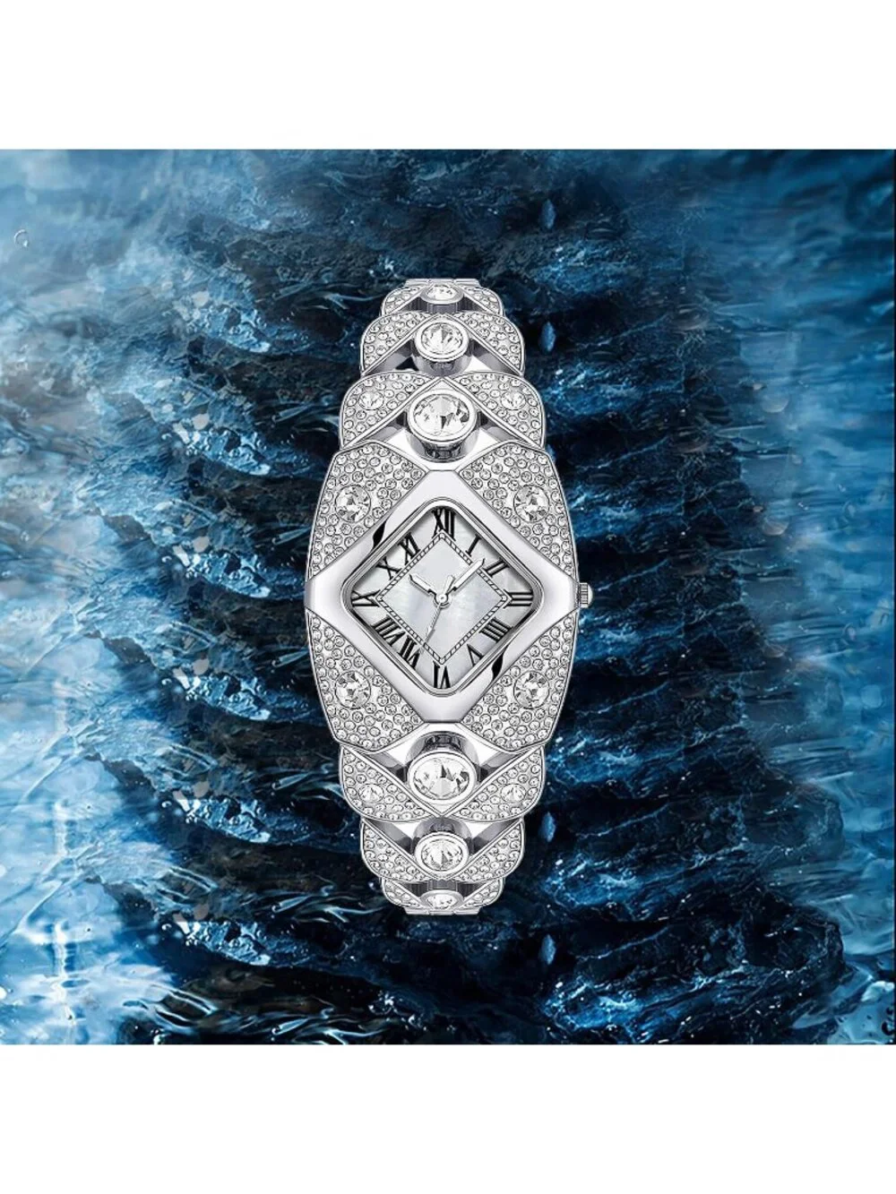 Women's Silver White Rhinestone Bracelet Roman Numerals Dial Stylish Wrist Watch